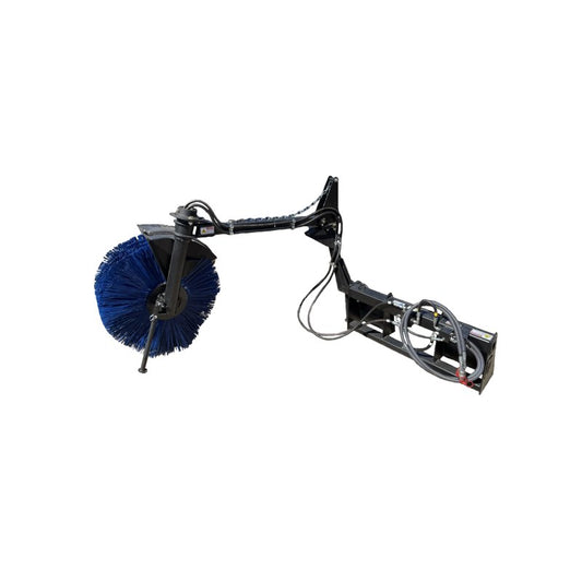 Maxx Attachments feed bunk sweeper with a 36 inch poly bristle broom on its adjustable arm