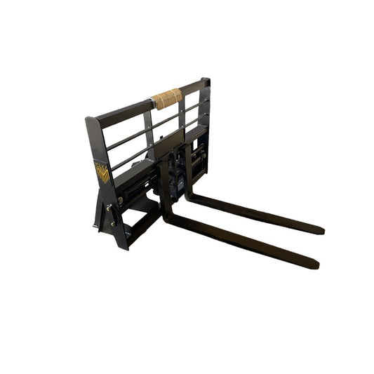 Maxx Attachments hydraulic adjustable pallet forks with 48 inch tines, front three quarter view