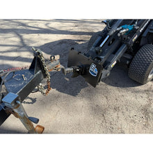 Rock Solid Attachments mini trailer mover hitched to a trailer on a compact loader