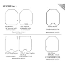 SHIELDS chart of its JCB skid steer windshield shapes and glass numbers, chart view