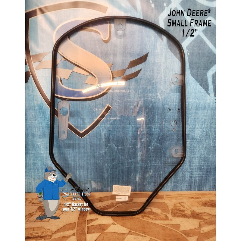 SHIELDS 1/2 inch John Deere small frame door window with the SHIELDS Seal gasket, front view