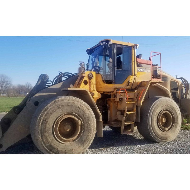 SHIELDS 1-piece front windshield on a Volvo L-series wheel loader, three-quarter view