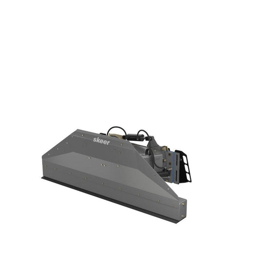 Skeer 6-Way PRO skid steer grading blade with flat cutting edge, front three quarter view