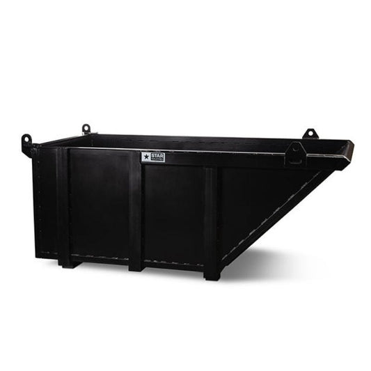 Star Industries crane trash skip with sloped dump end, side three quarter view