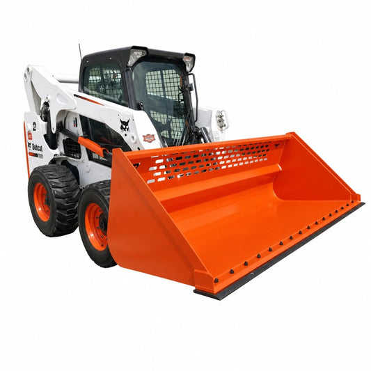 TM Manufacturing skid steer utility and snow bucket with bolt-on cutting edge on a skid steer, front angled view