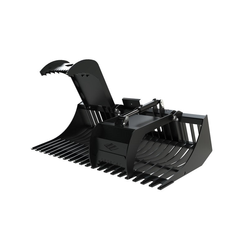 Top Dog Attachments 72 inch utility grapple, front three quarter view with the grapple open