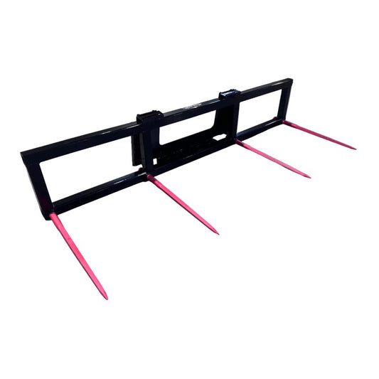 Top Dog Attachments double round bale spear with red tipped spears, front three quarter view