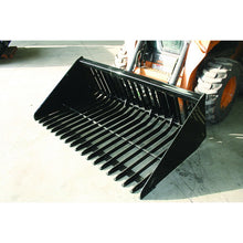 Top Dog Attachments firewood bucket on a loader, three quarter view of the tines