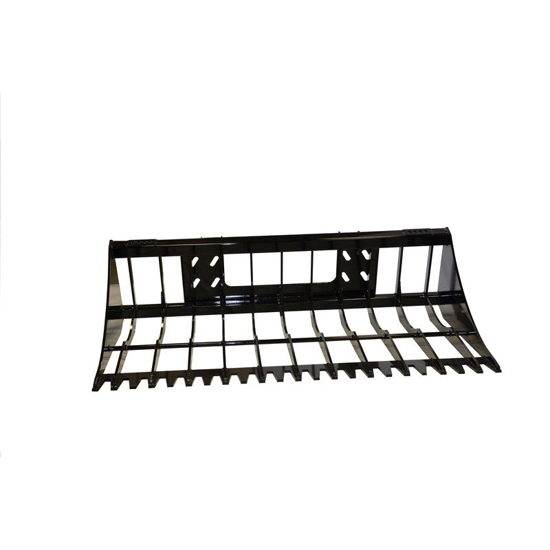 Top Dog Attachments heavy duty rock bucket with 6 inch tine spacing, rear three quarter view