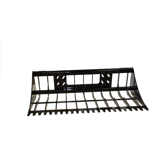 Top Dog Attachments heavy duty rock bucket with 6 inch tine spacing, rear three quarter view