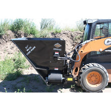 Top Dog Attachments light material side flow bucket on a skid steer, side view of the discharge opening