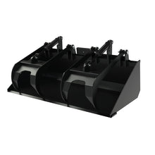 Top Dog Attachments low profile dirt bucket with grapple, front three quarter view