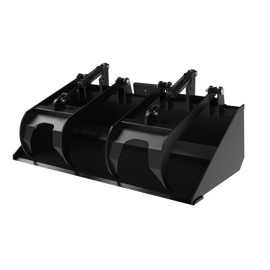 Top Dog Attachments low profile dirt bucket with grapple, front three quarter view