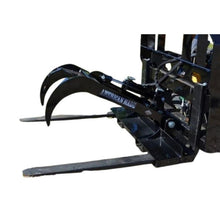 Top Dog Attachments pallet fork grapple mounted on pallet forks, side view with the tines open