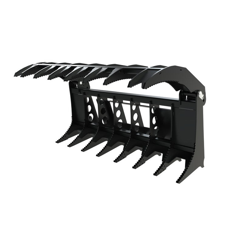 Top Dog Attachments single arm rake grapple, 72 inch, front three quarter view with the arm open