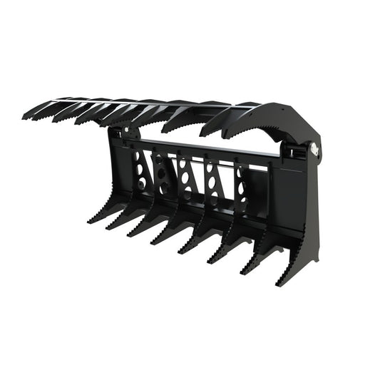 Top Dog Attachments single arm rake grapple, 72 inch, front three quarter view with the arm open
