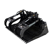 Top Dog Attachments standard brush grapple bucket, front three quarter view with the twin grapple arms
