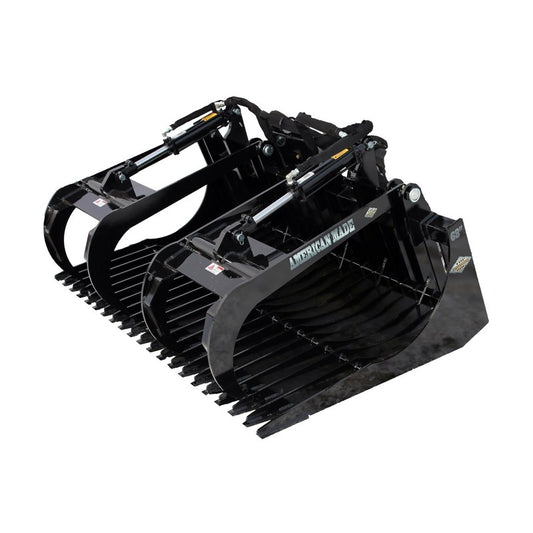 Top Dog Attachments standard brush grapple bucket, front three quarter view with the twin grapple arms