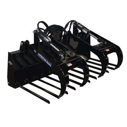 Top Dog Attachments skid steer manure fork grapple, front three quarter view of the round tines and twin grapple arms
