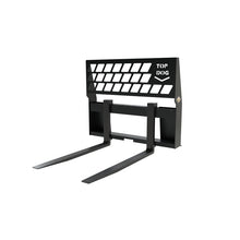 Top Dog Attachments standard skid steer pallet fork frame with 48 inch forks, front three quarter view