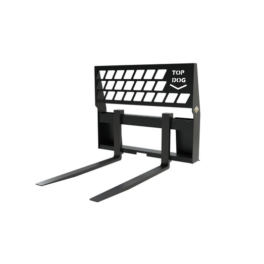 Top Dog Attachments standard skid steer pallet fork frame with 48 inch forks, front three quarter view