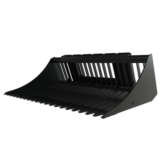 Top Dog Attachments skid steer rock bucket, front three quarter view of the tines