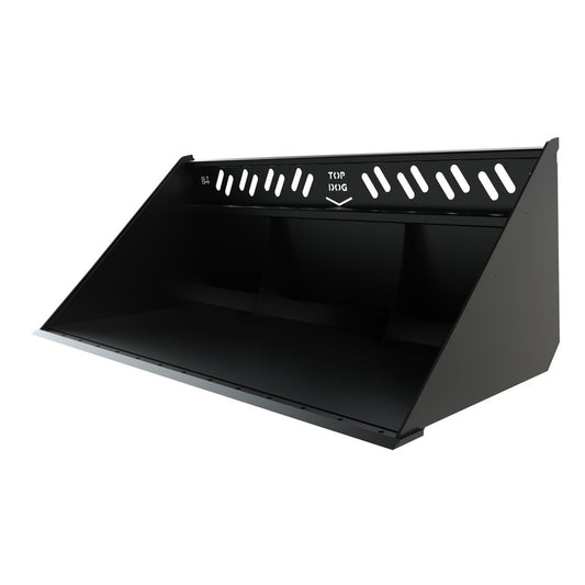 Top Dog Attachments screened skid steer snow bucket, front three quarter view
