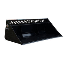 Top Dog Attachments screened snow bucket, three quarter view of the slotted back