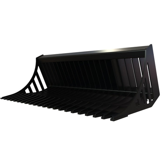 Top Dog Attachments 42 inch rock bucket for Toro Dingo style mini skid steers, front three quarter view